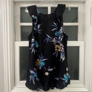 Free People, black sleeveless top, floral pattern, ruffle shoulders, size medium